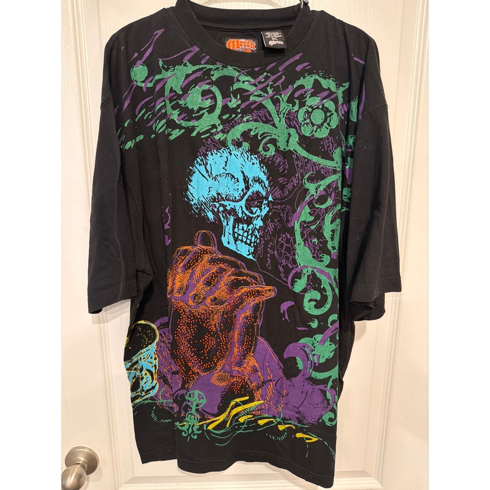 Vintage Mecca USA Y2K Tee Mens XL Black Neon Skull All Over Print Streetwear